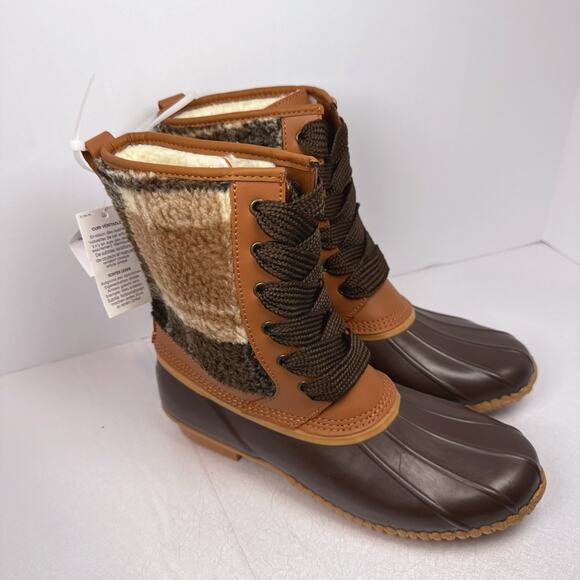 LANDS' END Brown Plaid Faux Fur Duck Boots | 8 - Picture 3 of 4